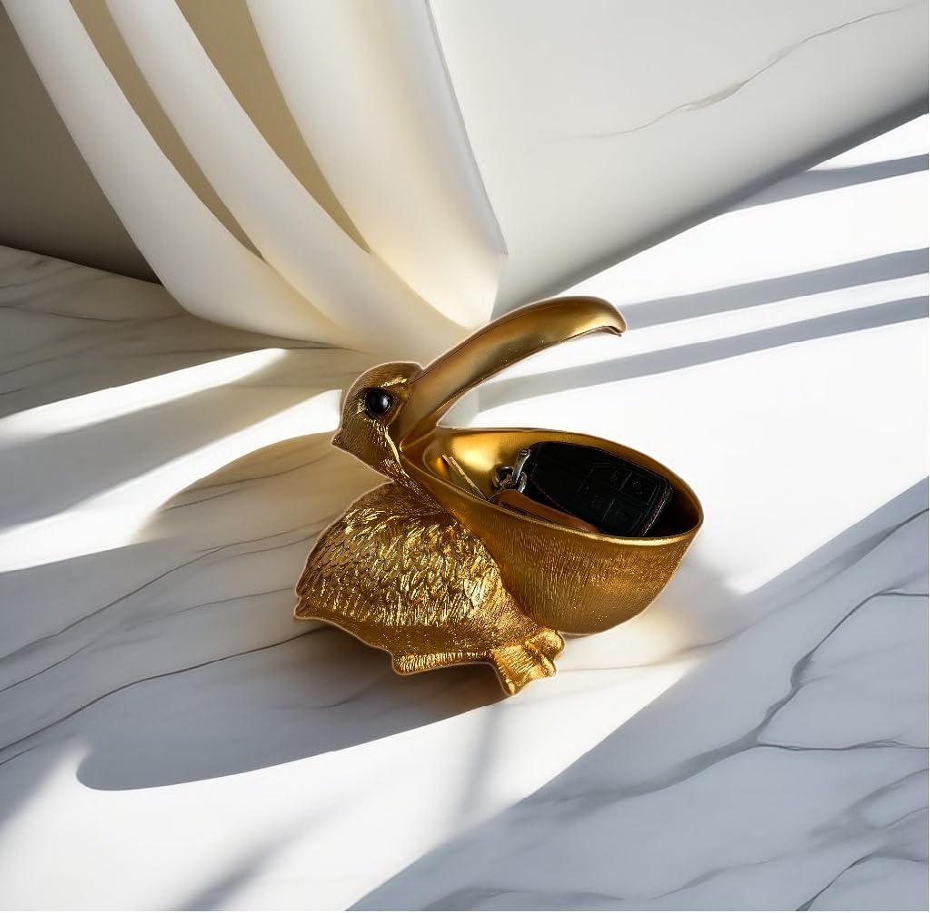 Creative Resin Statues The Pelican Statue Birds Figurines,Cell Phone and Keys Holder Adornments for Home & Office Desk Decor 8.1" inches (Gold)