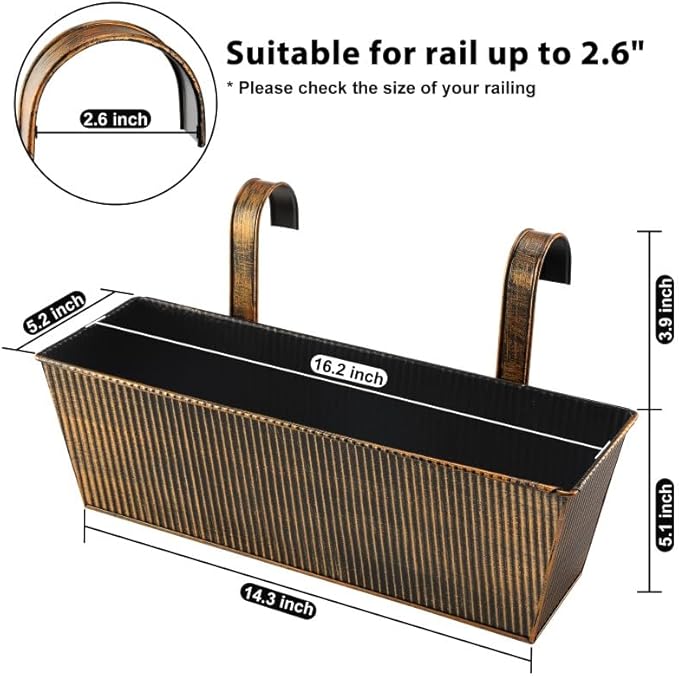 3 Pcs Large Hanging Flower Pots for Railing or Fence 16 Inch Railing Planter Box for Any Balcony Porch or Deck Countryside Style Window Planter Boxes Are Perfect to Herbs & Flowers (Retro-3pcs)