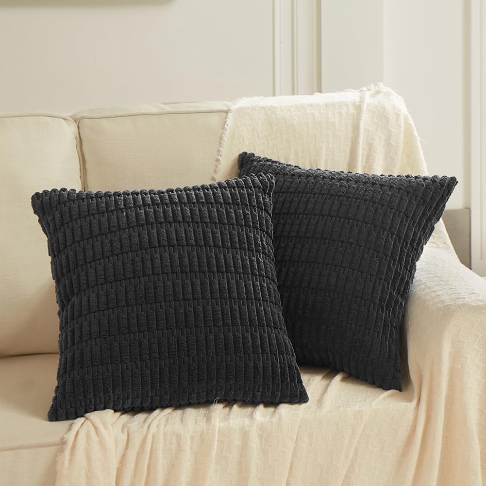 Fancy Homi Black Decorative Throw Pillow Covers 18x18 Inch for Living Room Couch Bed Sofa, Rustic Farmhouse Boho Home Decor, Soft Striped Corduroy Square Cushion Case 45x45 cm