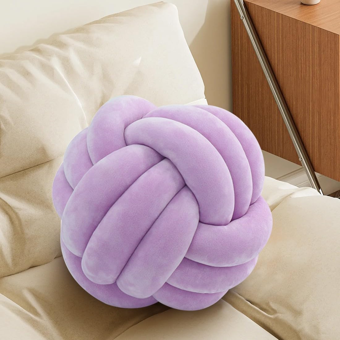Knot Pillow Ball, Handmade Decorative Throw Pillow, Soft Round Knotted Cushion for Couch & Bedroom, Cute Home Decor, Braided Pillow for Living Room (13.8 Inches, Lilac)