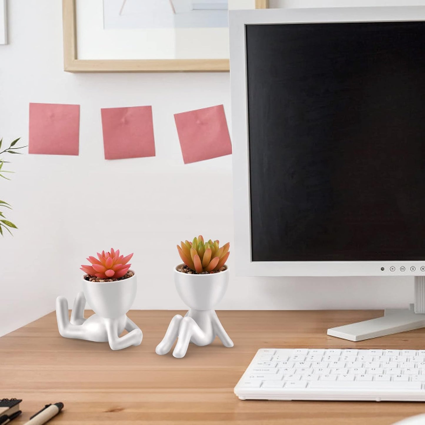 Fake Succulent, Mini Succulents Plants Artificial in White Modern Human Shaped Ceramic Pots Cute Pink Succulent for Office Decor for Women Girls, Desk Plant Cute Bathroom Decor 2PCS
