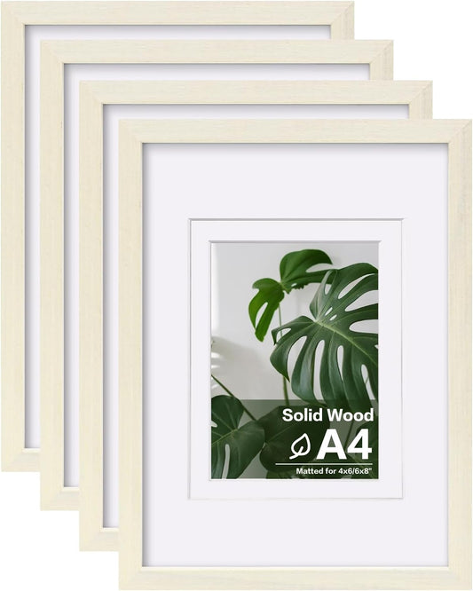 Egofine A4 Picture Frames Set of 4, Made of Solid Wood Covered by Plexiglass 4x6 and 6x8 with Mat or A4 without Mat, for Table Top Display and Wall Mounting Photo Frame Beige