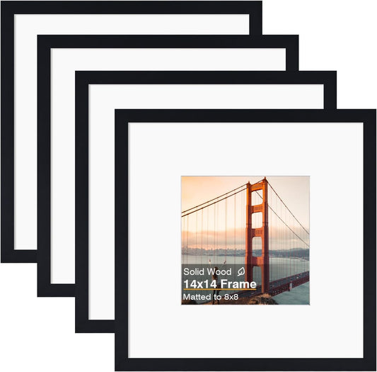 KINLINK 14x14 Picture Frame, Black Square Solid Wood Frames for Pictures 8x8 with Mat or 14x14 without Mat, Wall Display Photo Frames Black 4 Pack