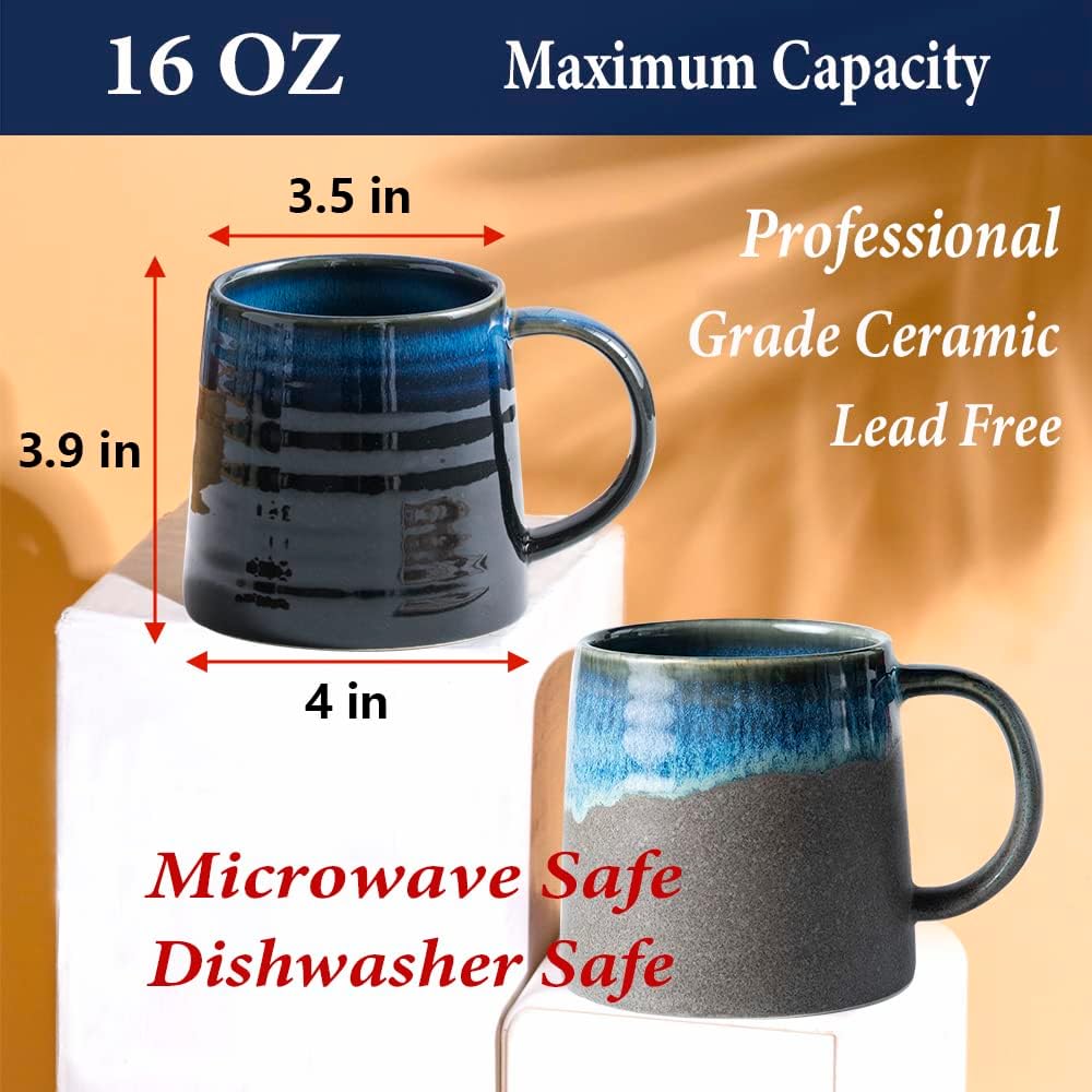 Large Ceramic Coffee Mugs, Handmade Pottery Mug, Tea Cups with Handle for Office and Home, 16 oz, Dishwasher and Microwave Safe (Frosted Black)