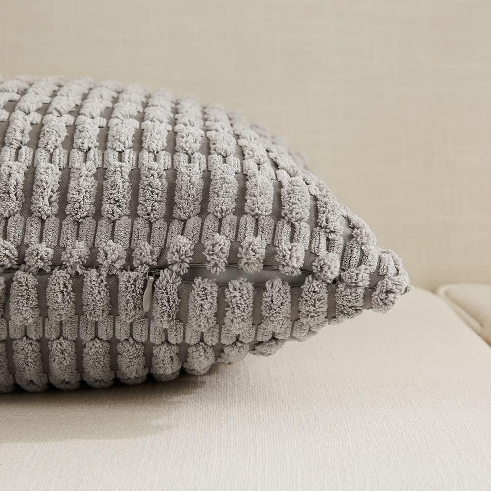 Fancy Homi 4 Packs Neutral Decorative Throw Pillow Covers 16x16 Inch for Living Room Couch Bed Sofa, Rustic Farmhouse Boho Neutral Home Decor, Soft Plush Striped Corduroy Square Cushion Case 40x40 cm