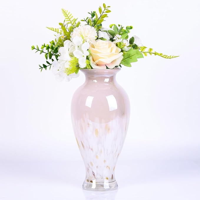 11.8" Tall Pink White Blown Glass Vase, Colorful Opaque Glass Vase, Unique Design Wide Mouth Art Decoration for Home, Living Room, Dining Table, Pampas Grass Decor (Pink White)
