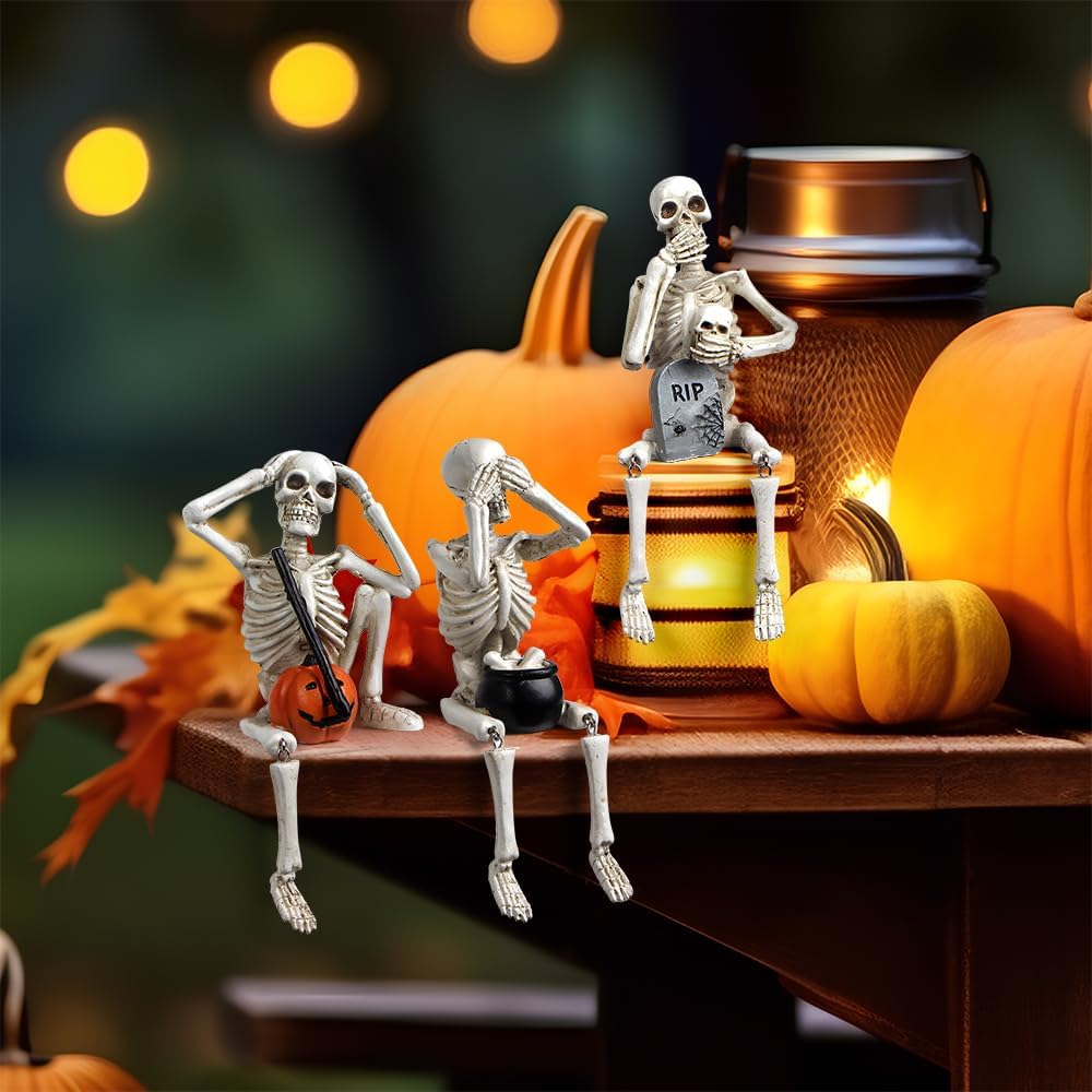 Halloween Skeleton Stalue Set of 3, Gothic Decoration of Skull with Pumpkinand Tombstone, See Speak Hear No Evil Statues Home Decor