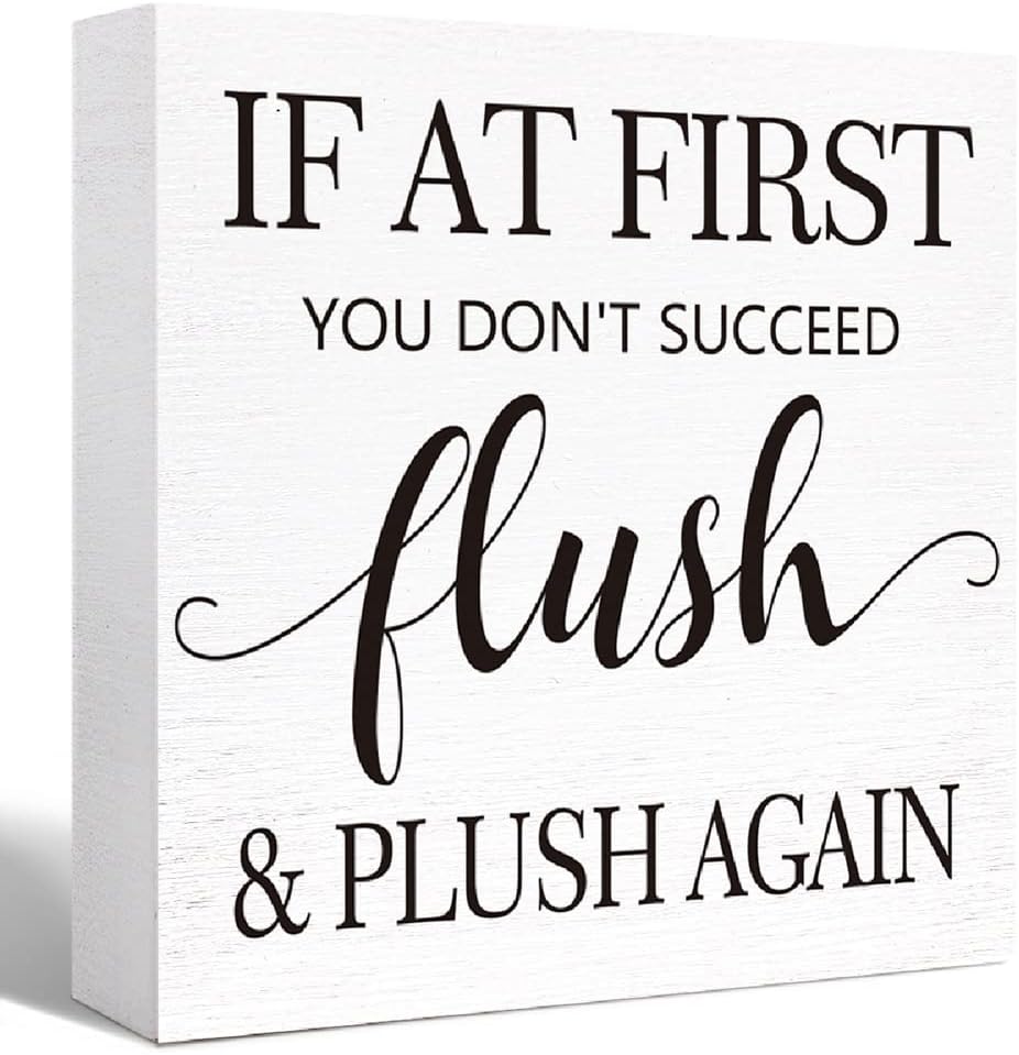 Funny Bathroom Wood Sign If At First You Don't Succeed Flush and Plush Again Wood Block Sign for Bathroom Shelf Toilet Restroom Home Tabletop Desk Decor,Farmhouse Bathroom Wooden Box Sign