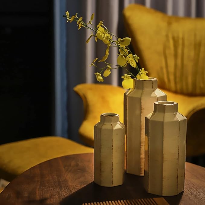 LUKA Ceramic Rustic Farmhouse Vase Set of 3,Ice Cracked Glazed Terracotta Vase,Large Vases for Decor,Fall Decoratiion Vases for Home, Table, Living Room, Shelf