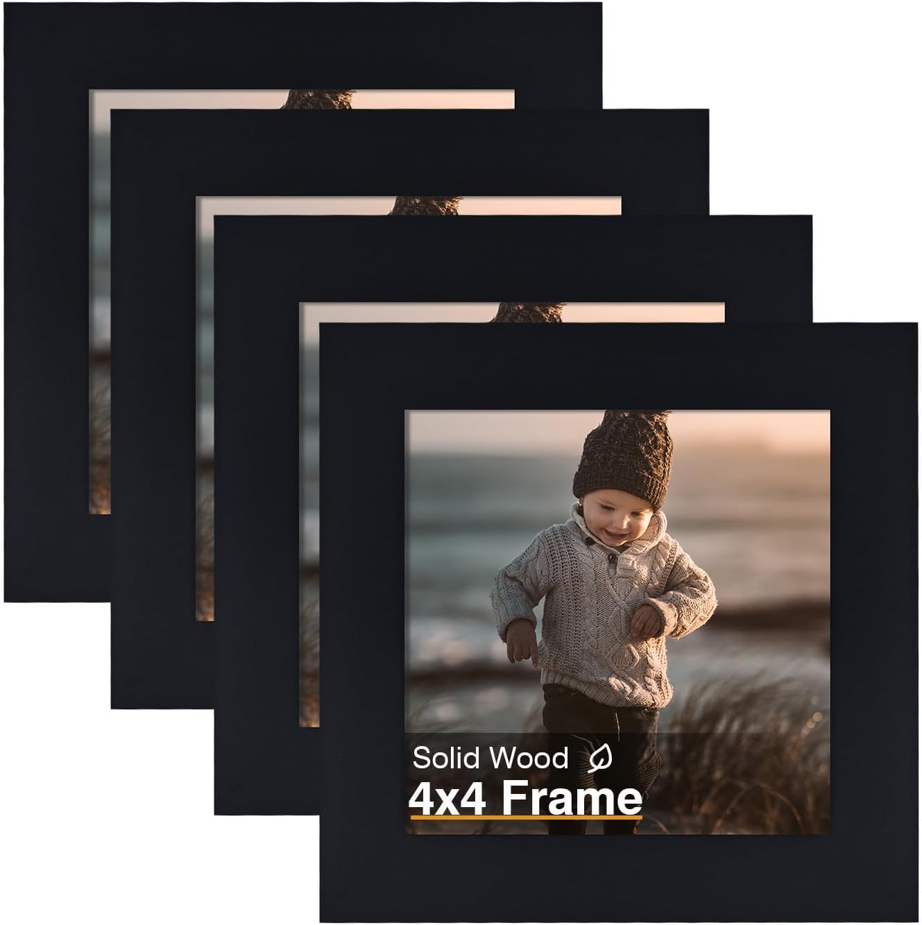 KINLINK 4x4 Picture Frame, Black Square Solid Wood Frames for Pictures 4x4 without Mat, Wall and Tabletop Display Photo Frames Black 4 Pack