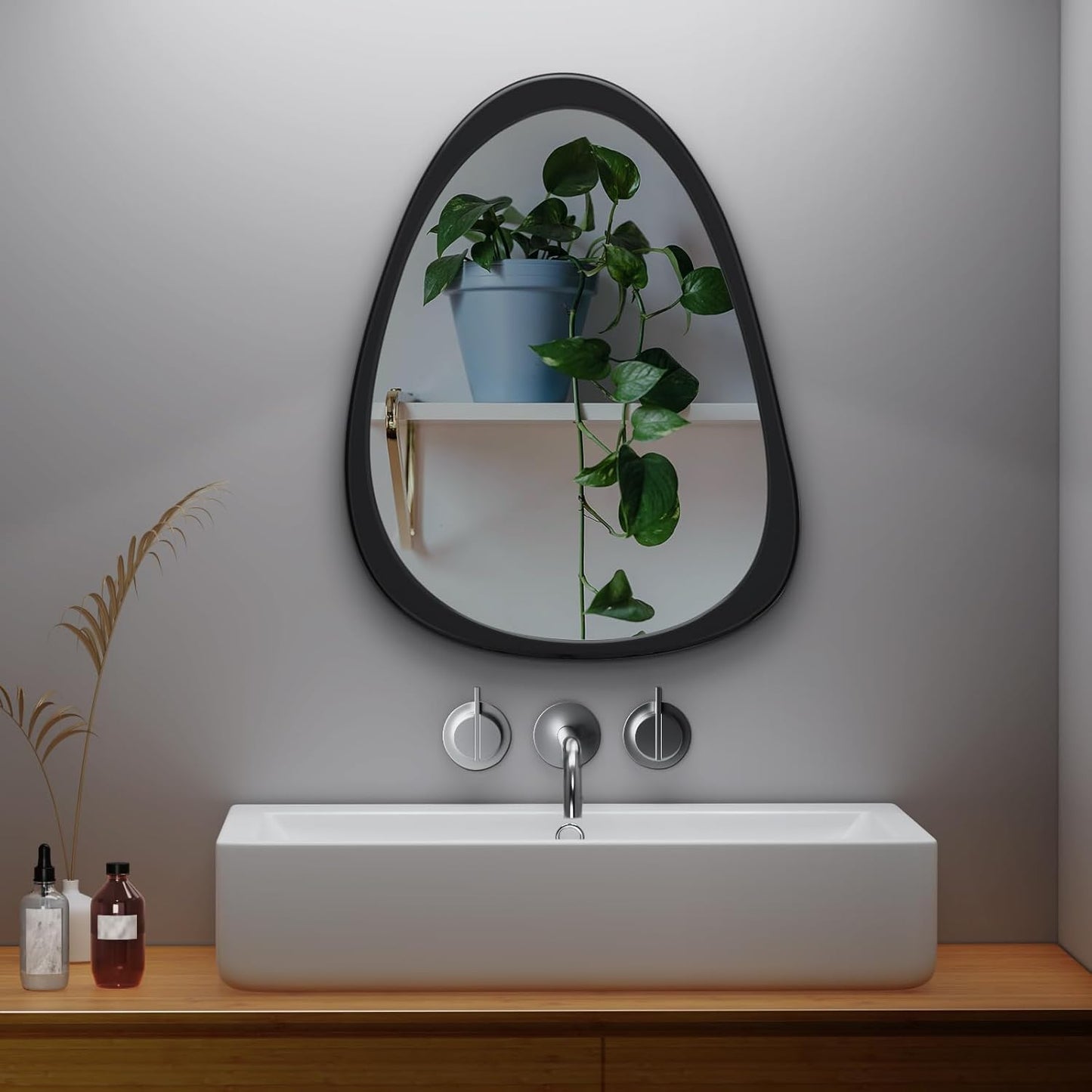 COOL2DAY Irregular Mirror,Asymmetrical Wood Wall Frame Abstract Assymetrical Decorative Mirror,Black Odd Shaped Mid Century Mirrors for Living Room Bedroom Entryway Bathroom Home Decor