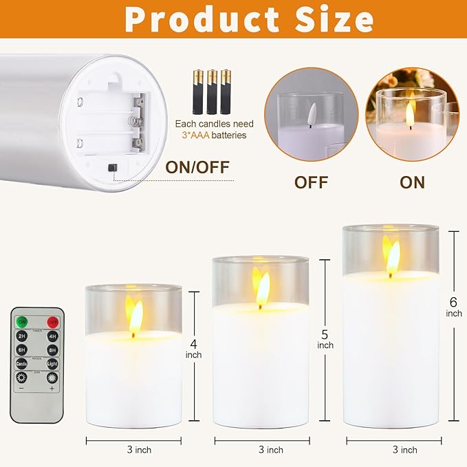 Glass Battery Operated LED Flameless Candles with Remote and Timer, Real Wax Candles Warm Color Flickering Light for Festival Wedding Home Party Decor(Pack of 3)-White