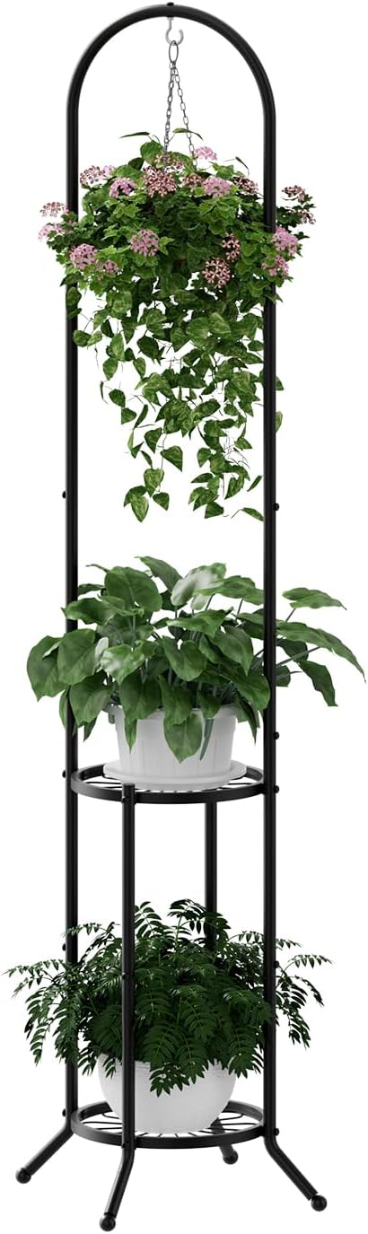2-tier Hanging Plant Stand Indoor and Outdoor, Space-Saving Iron Plant Shelf, 3 Potted Flower Pot Stand ,Planter Holder for Bedroom Balcony Living Room Patio Garden( n-style)