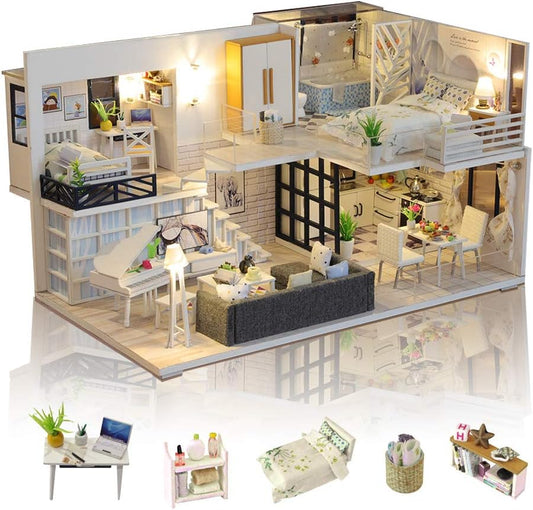 GuDoQi DIY Miniature Dollhouse Kit with Furniture, Tiny House kit 1:24 Scale, Need to Assemble Around 30 Hours, Great Handmade Crafts Gift for Birthday, Christmas, Life House(No Dust Cover)