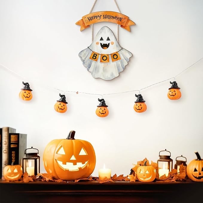 Welcome Halloween Sign,Cute Ghost Door Hanger,Happy Halloween Wall Decoration,Hey Boo Pumpkin Ghost Plaque for Front Door Indoor Outdoor Home Party Porch Yard Office Nursery Kids Room