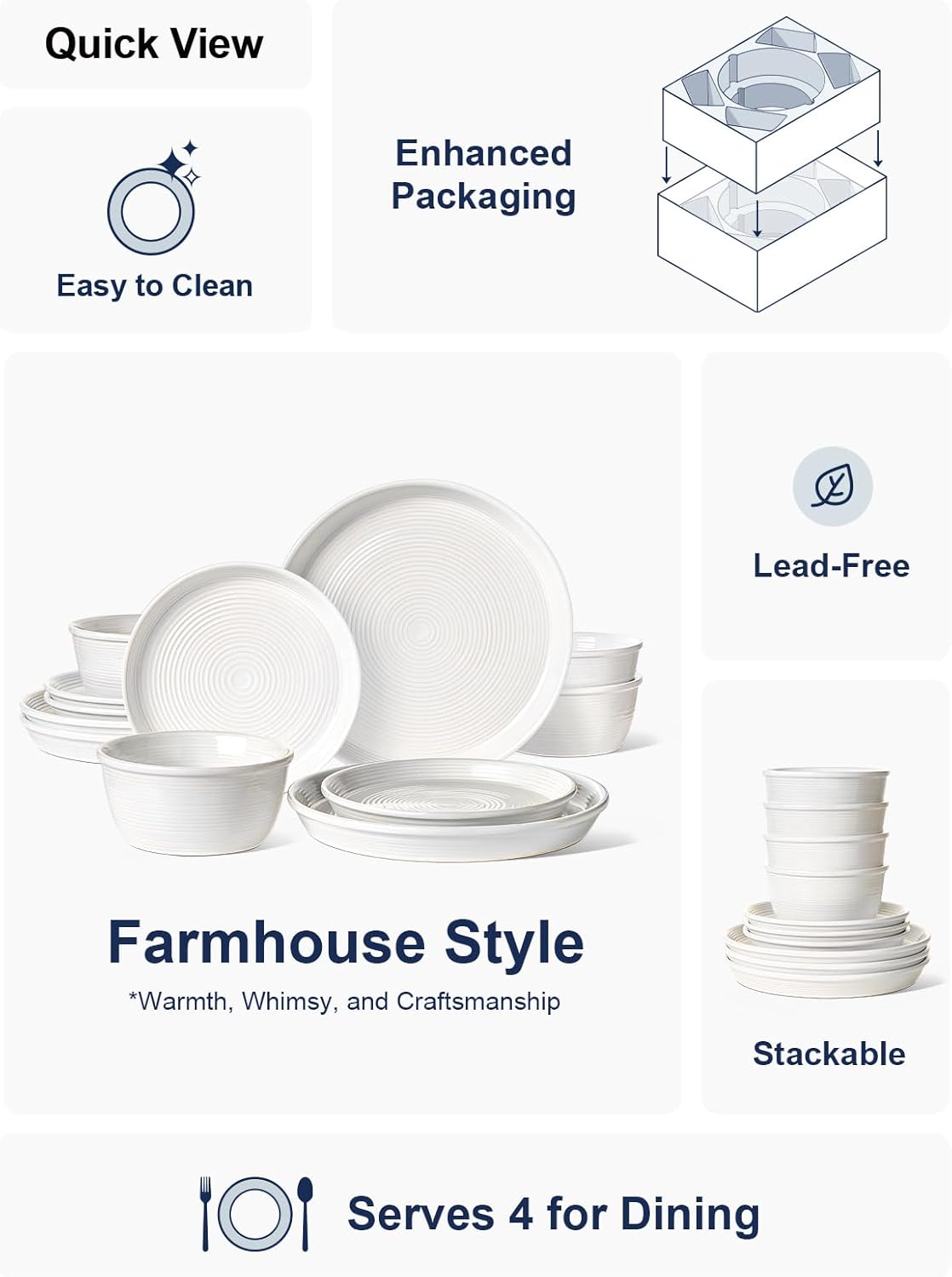 LE TAUCI 12‑Piece Ceramic Plates and Bowls Set, Service for 4 – White Farmhouse Dinnerware Sets with Deeper Plates (10" Dinner, 8" Salad, 6" Bowls), Dishwasher & Microwave Safe Stoneware Dishes