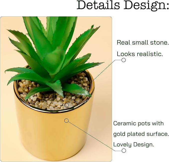 Faux Succulent Artificial Plants 7'' & 5'' in Pots Home Decoration Set of 2 Gold Pots