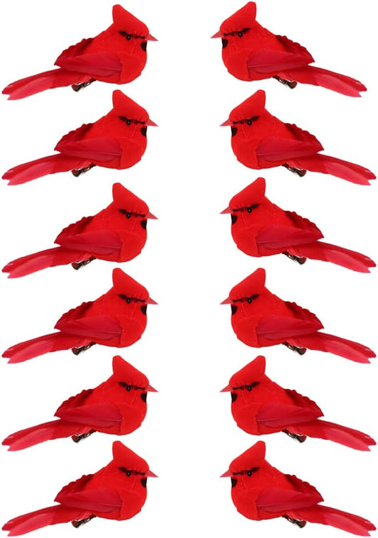 KLEWEE 12 Pcs Cardinal Birds for Crafts, Mini Cardinal Clip On Christmas Tree Ornaments Artificial Red Birds Decorations for Wreaths Centerpieces DIY Crafts, Red Velvet & Feathers