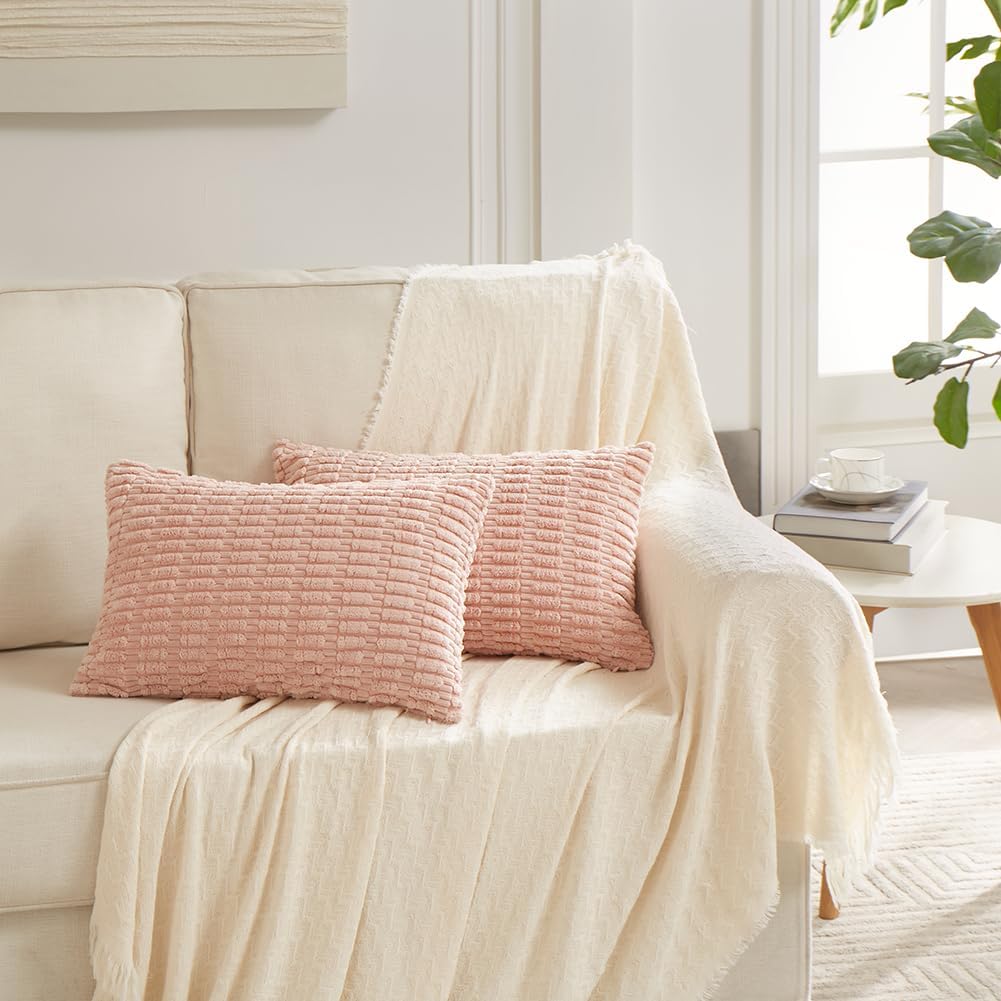 Fancy Homi 4 Packs Boho Pink Decorative Throw Pillow Covers 16x24 Inch for Living Room Couch Bed Sofa, Rustic Modern Farmhouse Home Decor, Soft Plush Corduroy Cute Square Cushion Case 40x60 cm