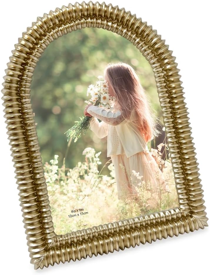 Isaac Jacobs 4x6 Champagne Gold Double Bead Arch Photo Frame with Black Fabric Easel, Tabletop, Wall-Mountable, Shelf and Desk, Decorative Art Design, Home Décor (4x6, Champagne Gold)