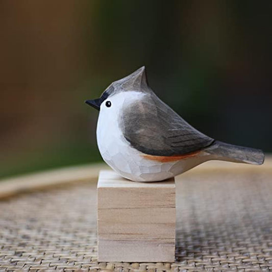Handmade Wooden Carved Bird Decor - Sculpted Hand-Painted Figurines, Small Home Statue, Shelf Decor, BFF Gifts for Bird Lovers (Tufted Titmouse)