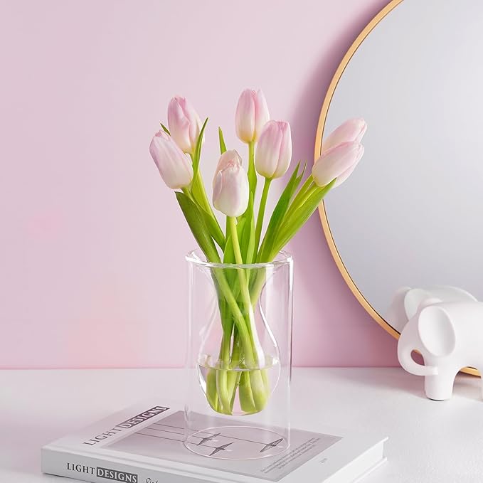 ZENS Unique Small Flower Vase, Modern Double Hollow Clear Glass Vase, Floating Decorative Vase Hand Blown Cool Bud Vase for Home Small Bouquet, Wedding Centerpieces