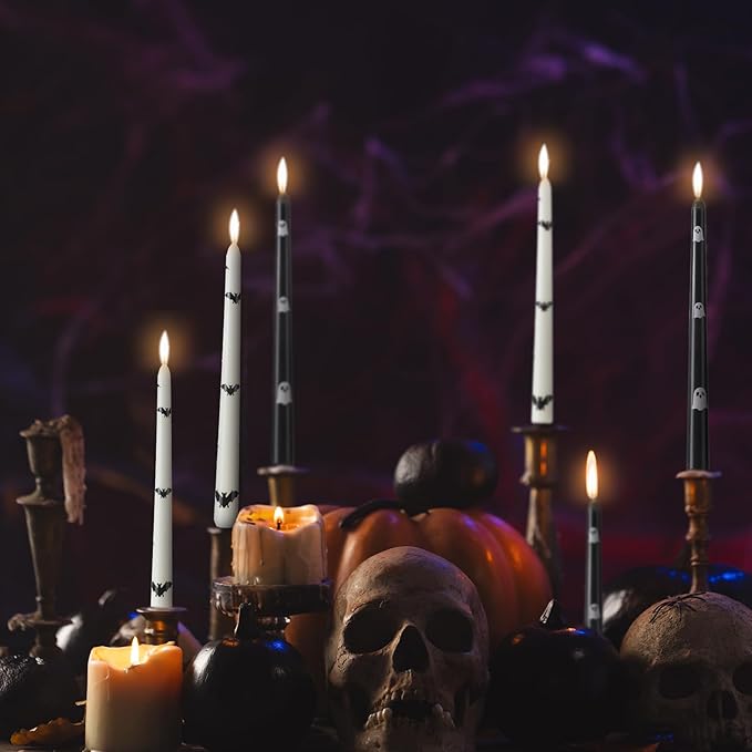 6 Pcs Taper Candles 10 Inch Candle Sticks for Bachelorette Bridal Wedding Party Baby Shower Table Cake Decor(Butterfly Bat and Ghost,10 Inch,Black and White)