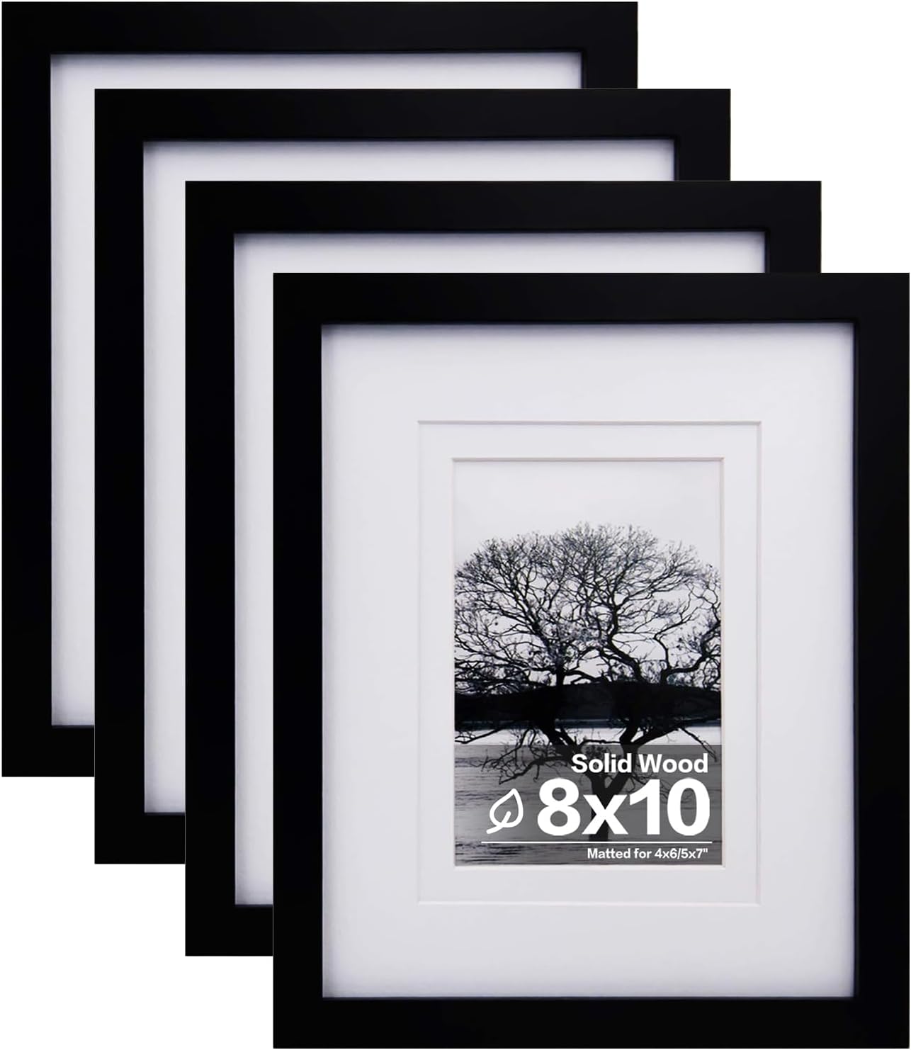 Egofine 8x10 Picture Frames Set of 4, Made of Solid Wood Covered by Plexiglass 4x6 and 5x7 with Mat or 8x10 without Mat, for Table Top Display and Wall Mounting Photo Frame Black