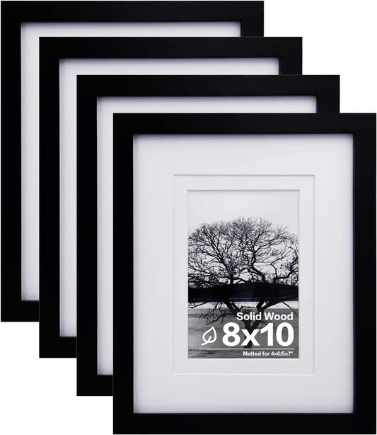 Egofine 8x10 Picture Frames Set of 4, Made of Solid Wood Covered by Plexiglass 4x6 and 5x7 with Mat or 8x10 without Mat, for Table Top Display and Wall Mounting Photo Frame Black
