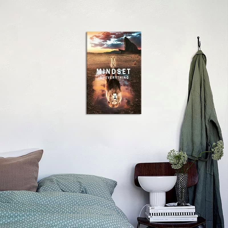 Inspirational Canvas Wall Art Painting Small Cat and Big Lions Mindset is Everything Animal Poster Prints Pictures Artwork Home Decor Office Framed Ready to Hang[12" W X 18" H]