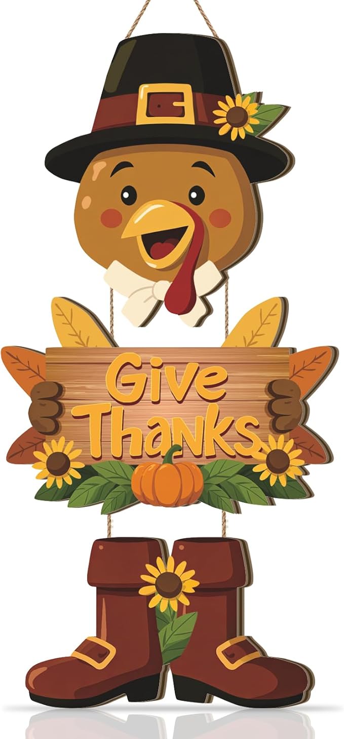 Turkey Door Decor,Hello Fall Door Sign,Thanksgiving Day Sign,Autumn Wall Decor Give Thanks,Turkey Harvest Thanksgiving Door Decoration for Porch Farmhouse Outdoor Home Indoor Yard Office Party