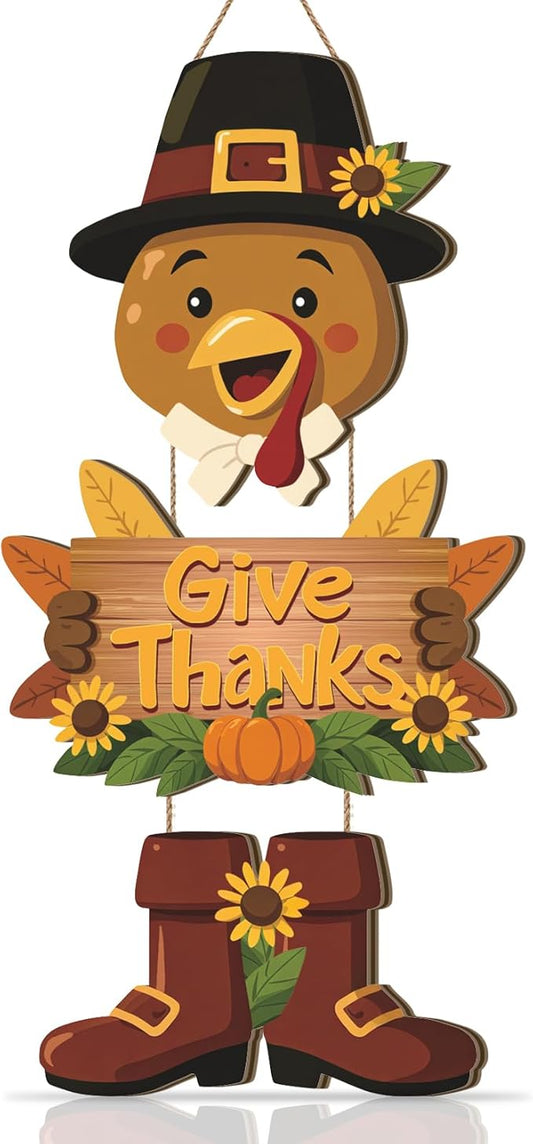 Turkey Door Decor,Hello Fall Door Sign,Thanksgiving Day Sign,Autumn Wall Decor Give Thanks,Turkey Harvest Thanksgiving Door Decoration for Porch Farmhouse Outdoor Home Indoor Yard Office Party