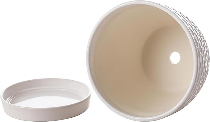 Docrin Ceramic Plant Pots Indoor, 6.6 + 5.5 Inch Flower Pots with Drainage Holes and Saucer for Plants, Set of 2, Milky White Honeycomb