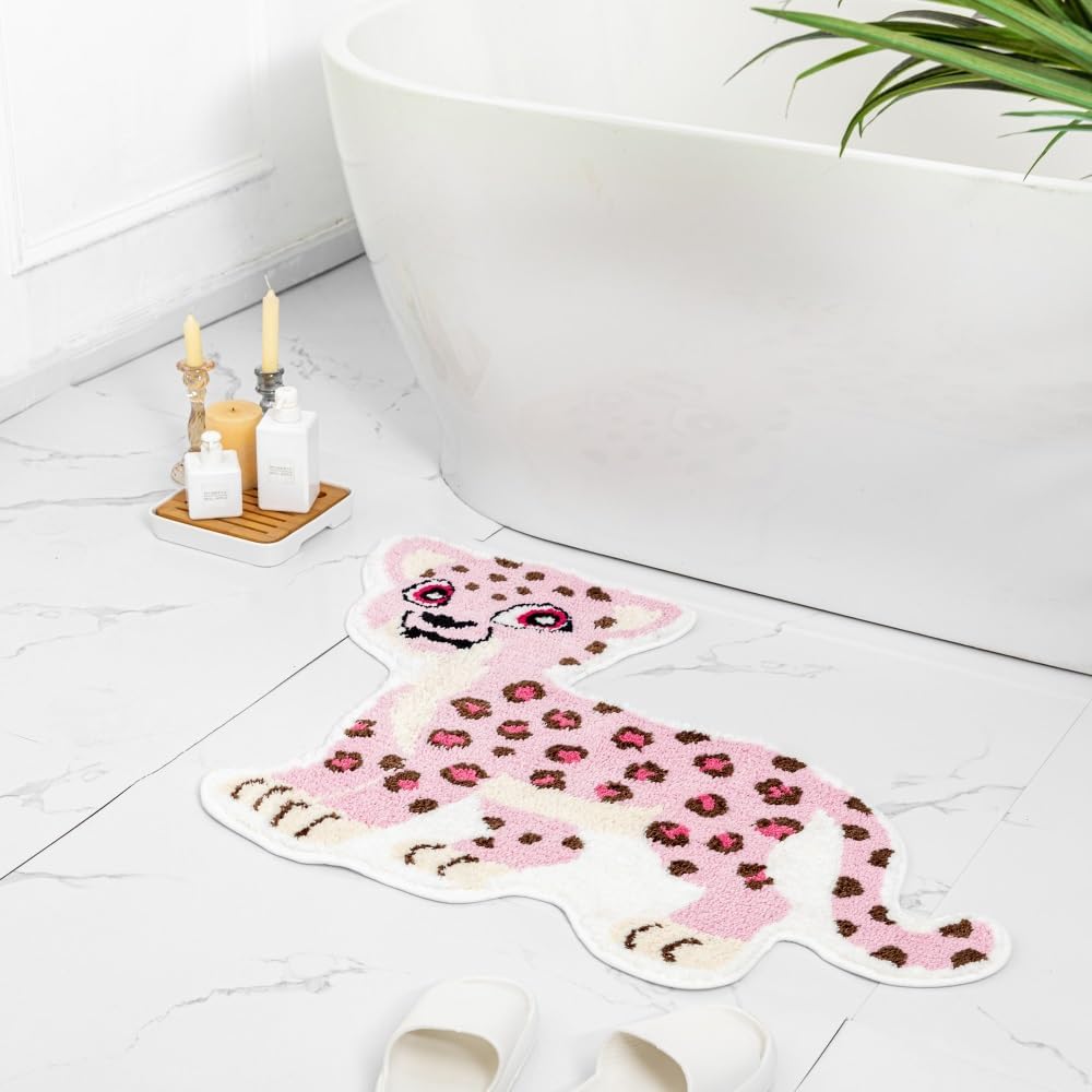 Fun Pink Leopard Bath Mat for Bathroom, Cute Leopard Cartoon Bath Rugs Non Slip Animal Shaped Absorbent Preppy Bathtub Rug Bathroom Decor Aesthetic Plush Shower Rugs Machine Washable 23.6x39.3in