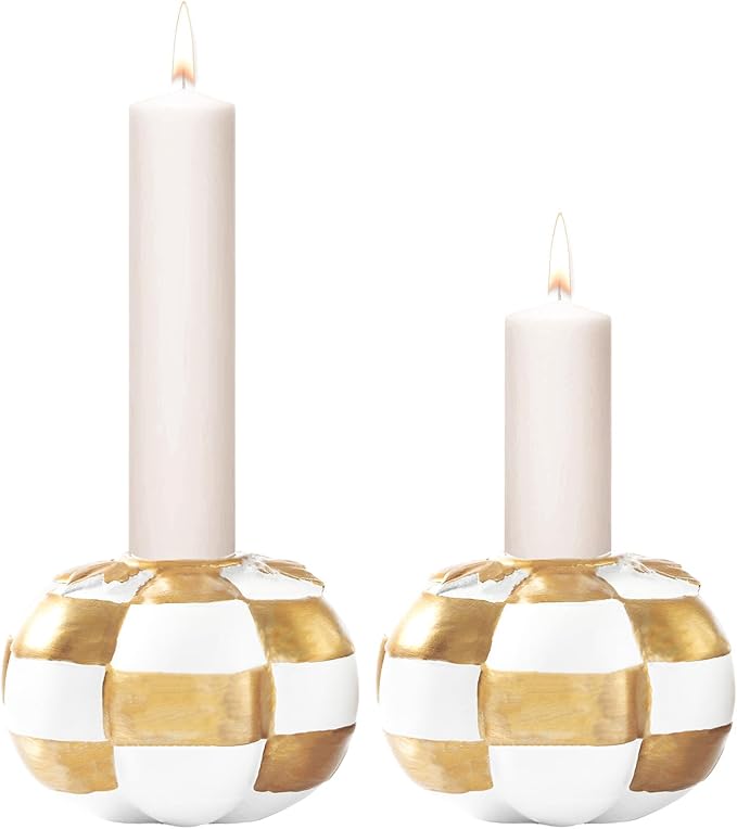 WDS WONDROUS Fall Pumpkin Candle Holder Set White & Gold Thanksgiving Decorations Halloween – 2PCS Checkered Pumpkin Candlestick Holders Decor – Taper Candle Holders, Autumn Table Centerpieces Decor