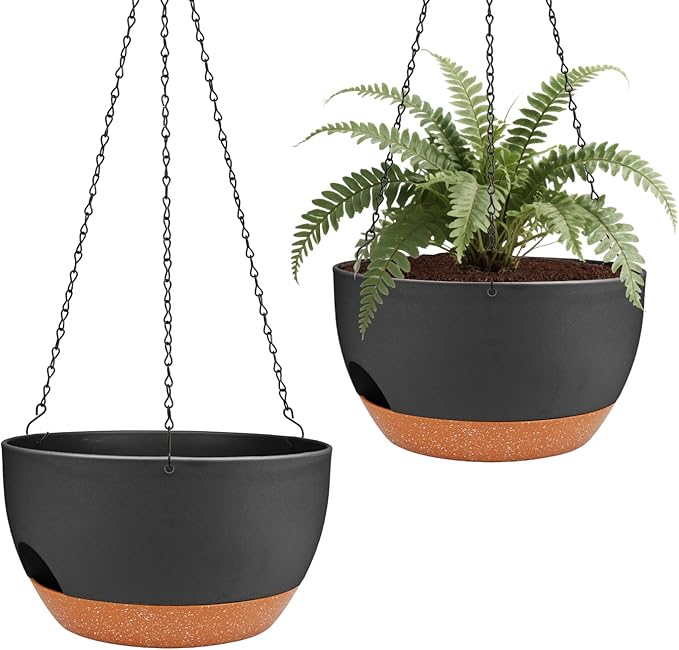 Hanging Planters for Outdoor Indoor Plants, 2 Pack 12 Inch Hanging Basket Plants Outdoor, Self Watering Hanging Planter with Plant Hanger for Garden Home Decoration (Black, 10 inch)