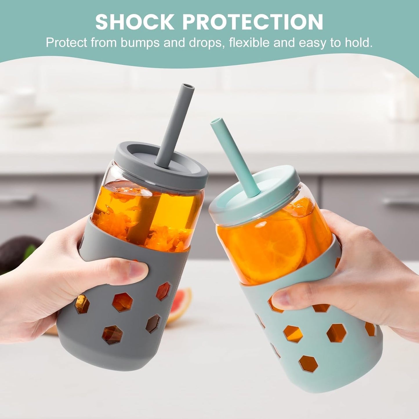 Glass Cups with Silicone Lids and Straws (4 Pcs), 16oz Drinking Glasses Set with Silicone Sleeves for Coffee Bar Accessories Iced Coffee Cups with Lids, Glass Tumbler Reusable for Gifts