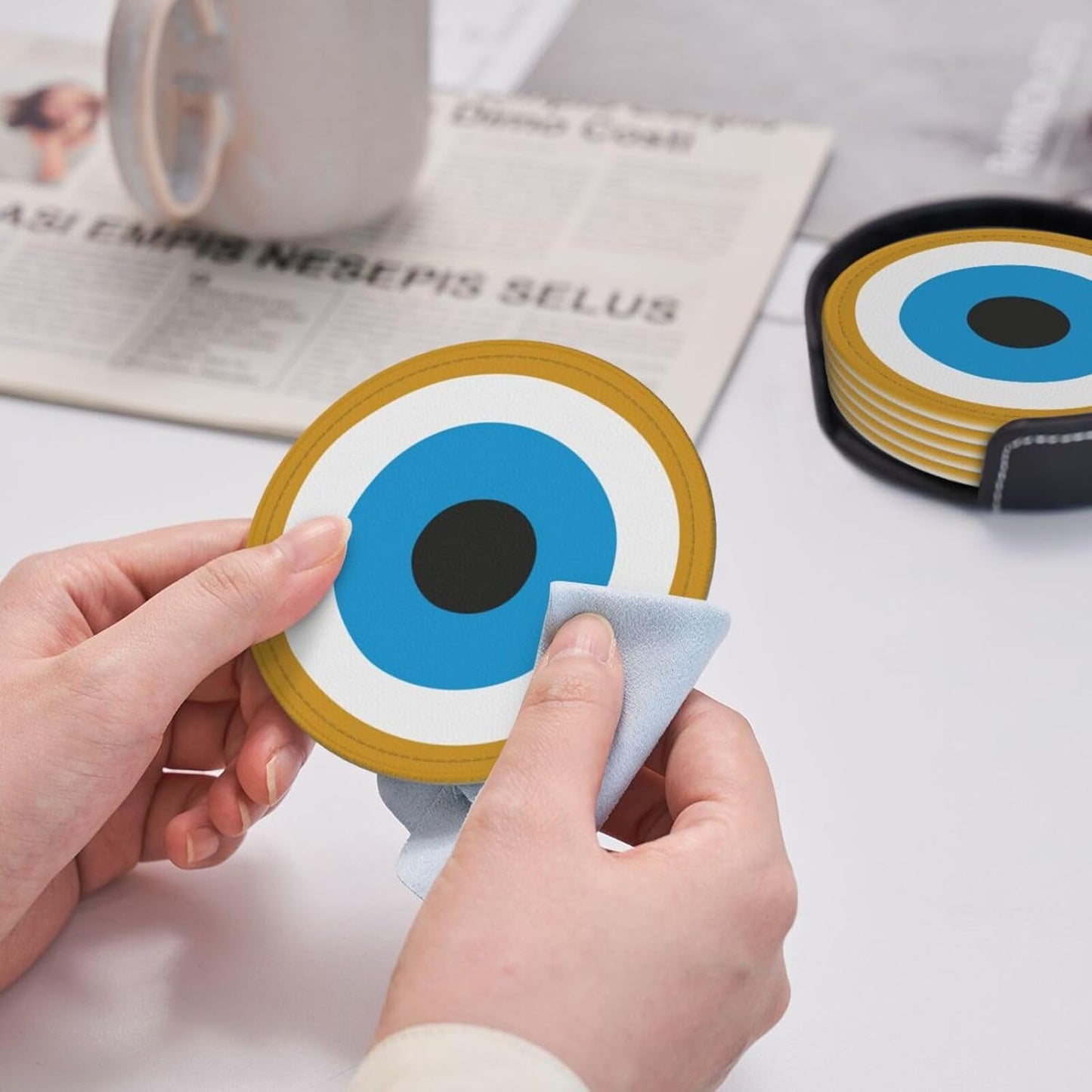 Evil Eye Themed Leather Drink Coasters Set of 6 with Holder Round Cup Coaster for Table Decor