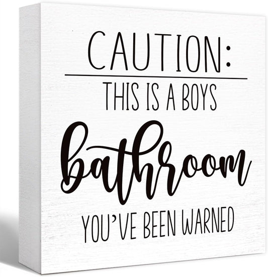 Funny Bathroom Wood Sign Caution This is a Boys Bathroom Wood Block Sign for Kids Boys Bathroom Shelf Toilet Restroom Home Tabletop Desk Decor,Farmhouse Bathroom Wooden Box Sign