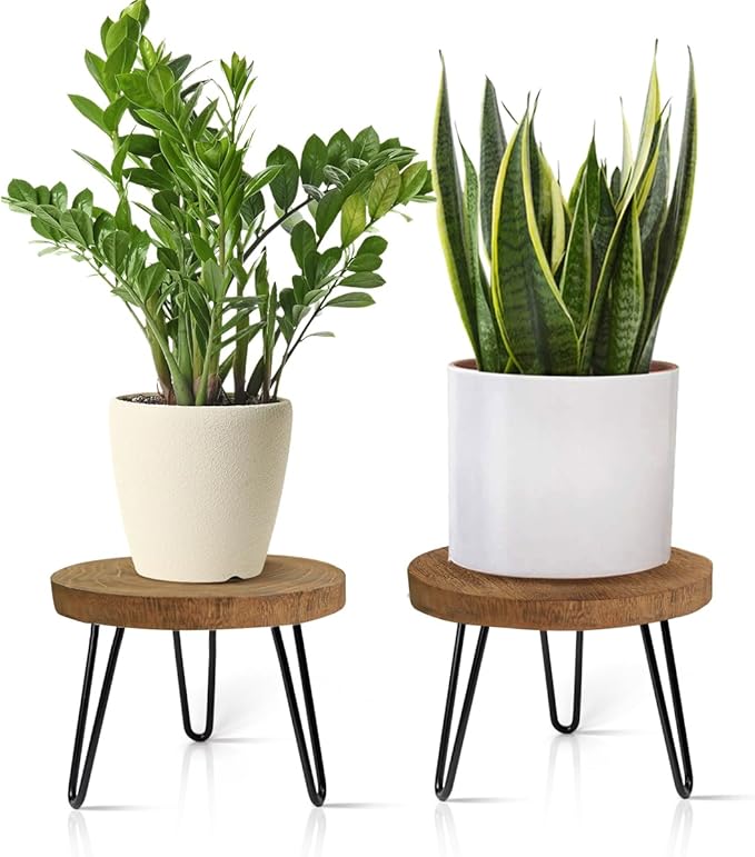 Plant Stand Indoor Outdoor, Wooden plant Stool, Mid Century Plant Stand for Indoor Plants, Wood Modern Plant Holder Rattan Flower, Low Short Boho Rustic Planter Stand Fit 5-15 Inch Pot(M, L)