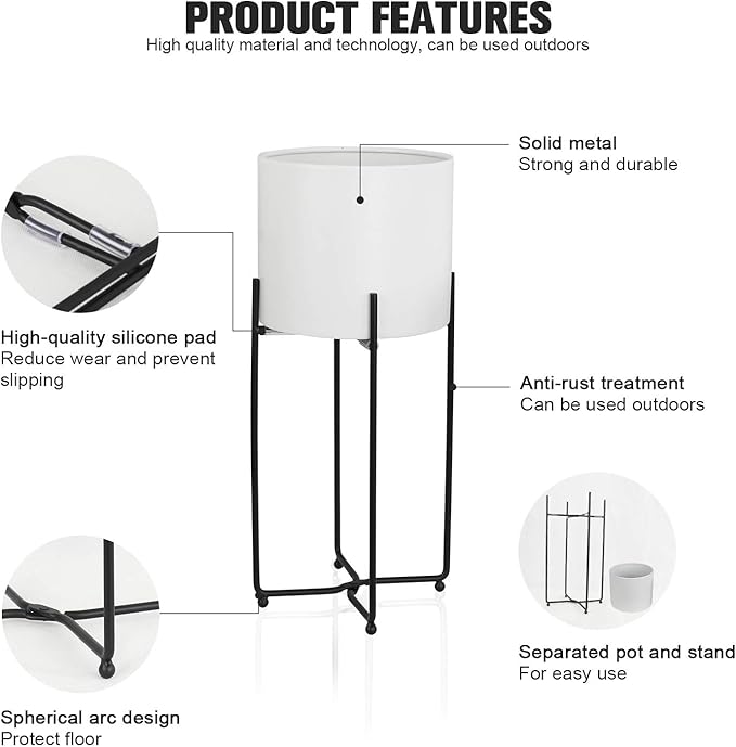 Sinolodo Mid Century Planter with Gold Plant Stand, 3 pcs Modern Planters for Indoor Plants, Metal Floor Planter Set with Foldable Stand(Pack of 3) (White Pot Black Stand, 9''+8''+7'')
