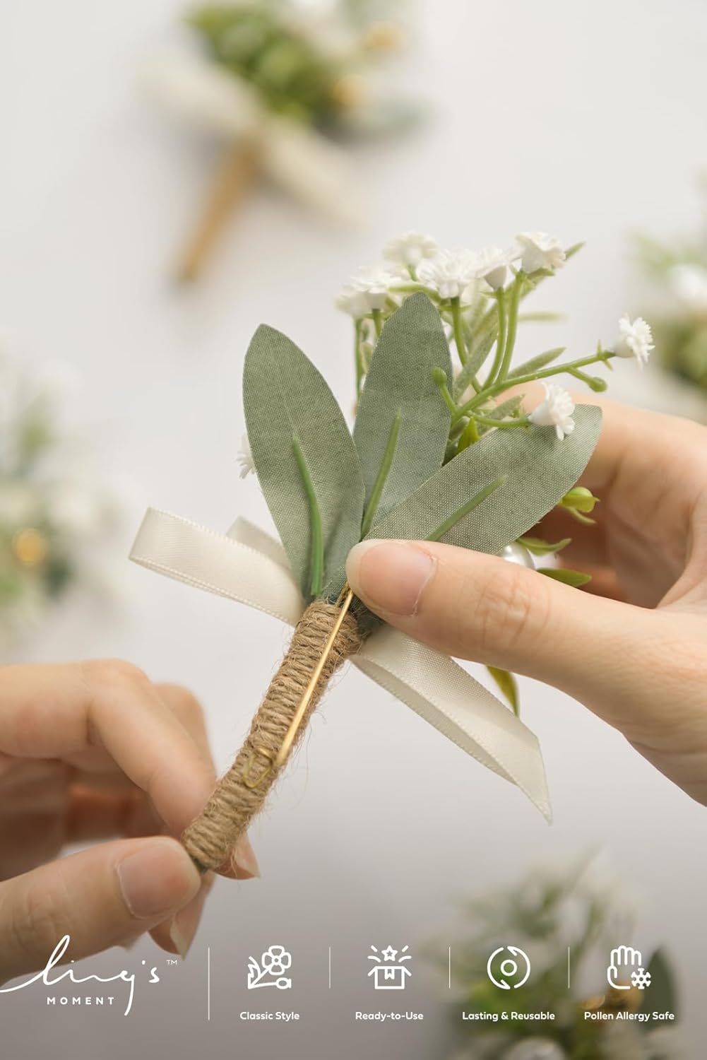 Ling's Moment Boutonniere for Men, 10pcs Groomsmen Guest Boutonniere, Artificial Flowers for Wedding Décor/Prom/Homecoming,etc.Baby Breath White Pearl