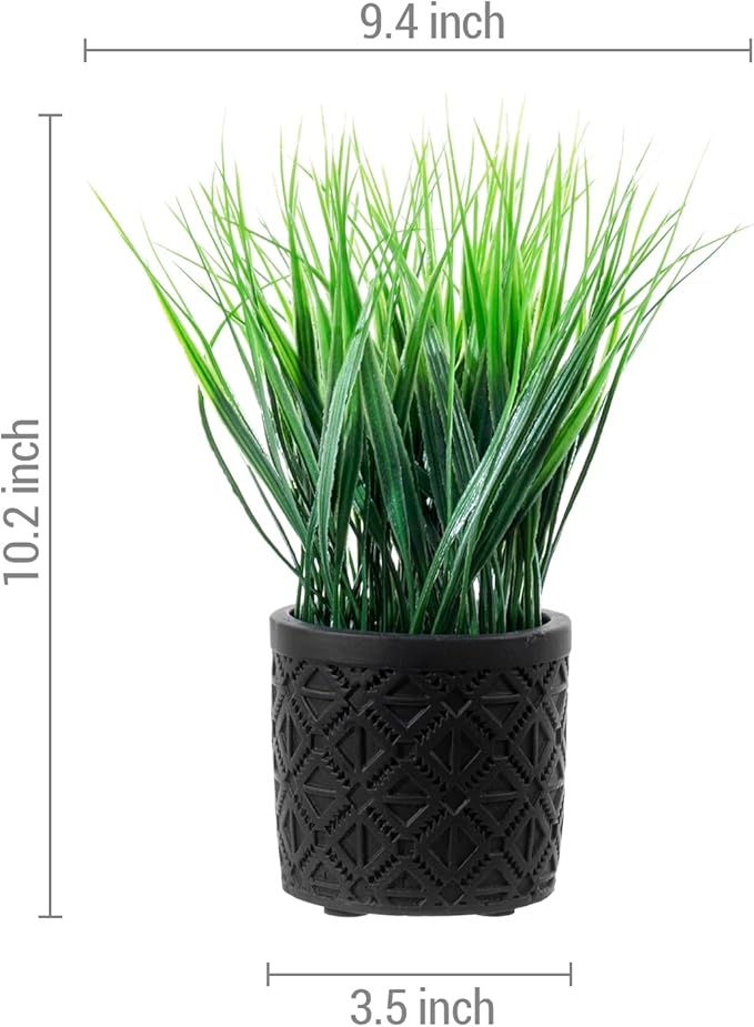 MyGift Artificial Green Grass Plant in Modern Black Concrete Pot with Geometric Embossed Pattern, Tabletop Faux Greenery Decorative Round Cement Planter Home Decor