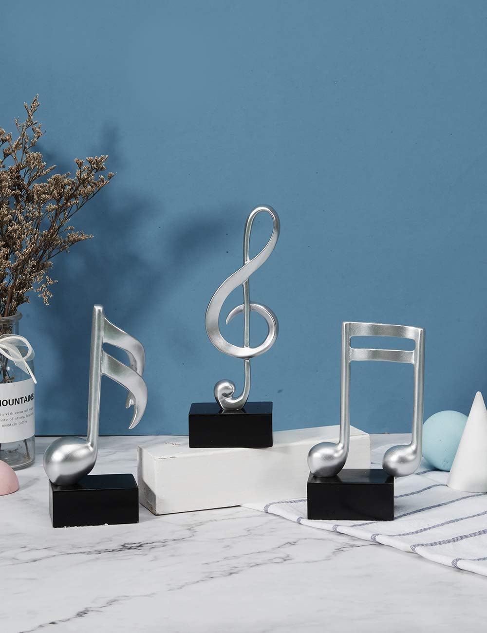 HAUCOZE 3pcs Music Note Decor Musical Decoration Gifts Table Centerpiece Sculpture Piano Statue Silver 7.5 inch
