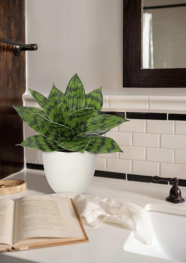 Hollyone Artificial Snake Plants 9" Faux Agave Succulent Plant Potted in White Pot Fake Sansevieria Aloe Tropical Plant for Desk Modern Office Home Bathroom Indoor Outdoor Decor