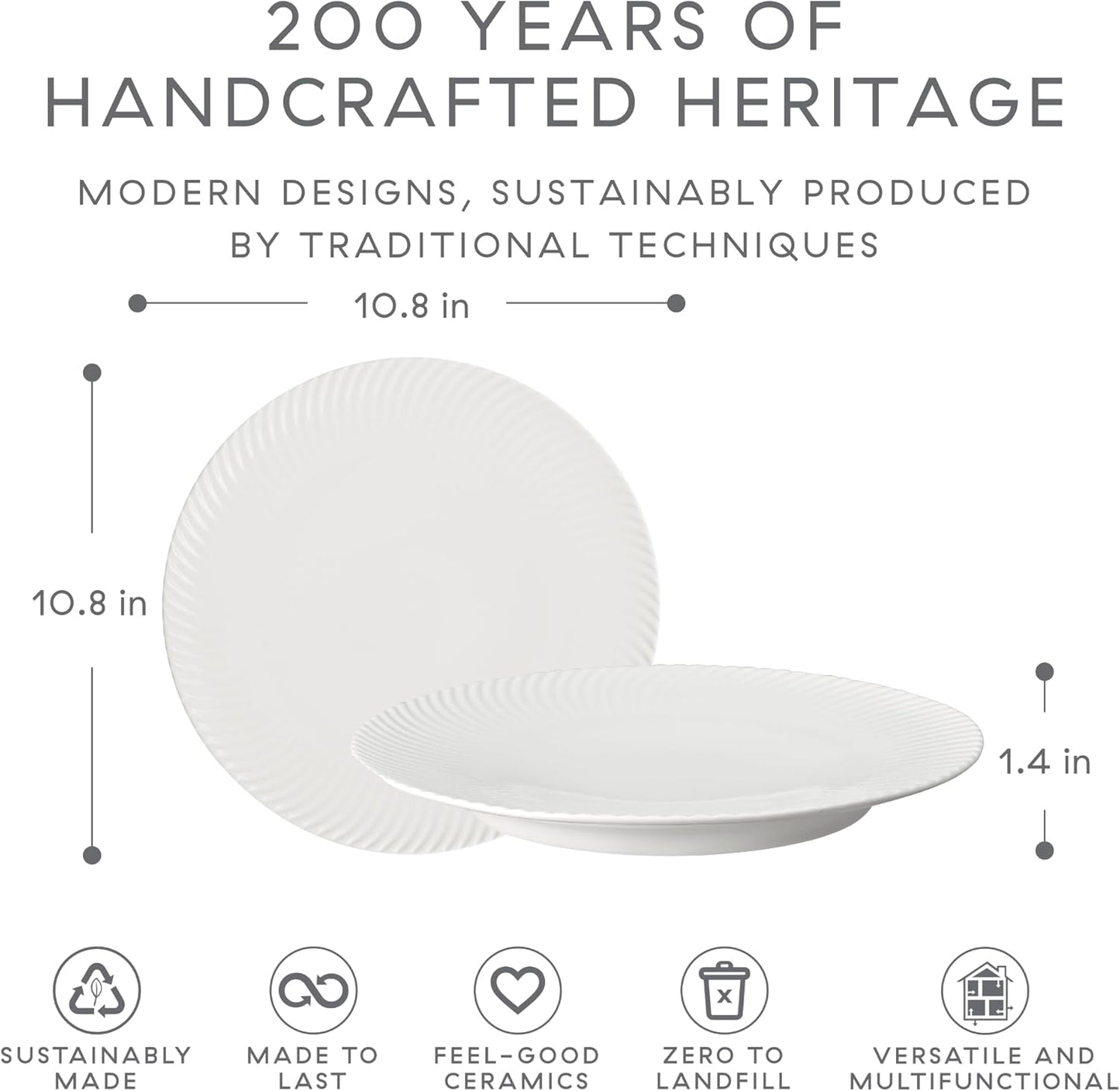 Denby - Arc White Porcelain Dinner Plates Set of 6 - Dishwasher Microwave Safe, 10.8" Large White Plates With Curve Design - Scratch Chip Resistant Tableware