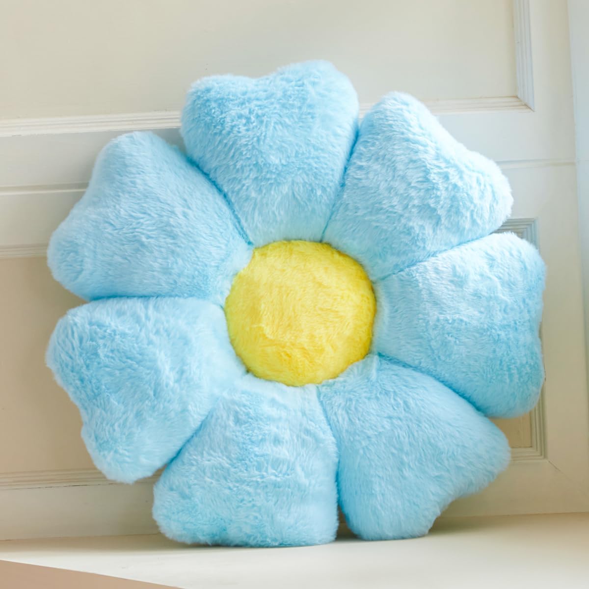 Flower Pillow, Blue Daisy Flower Decorative Pillows for Bed, Cute 19.6" Flower Shaped Pillow with Soft Faux Rabbit Fur Dorm Home Decor Floor Seating Cushion
