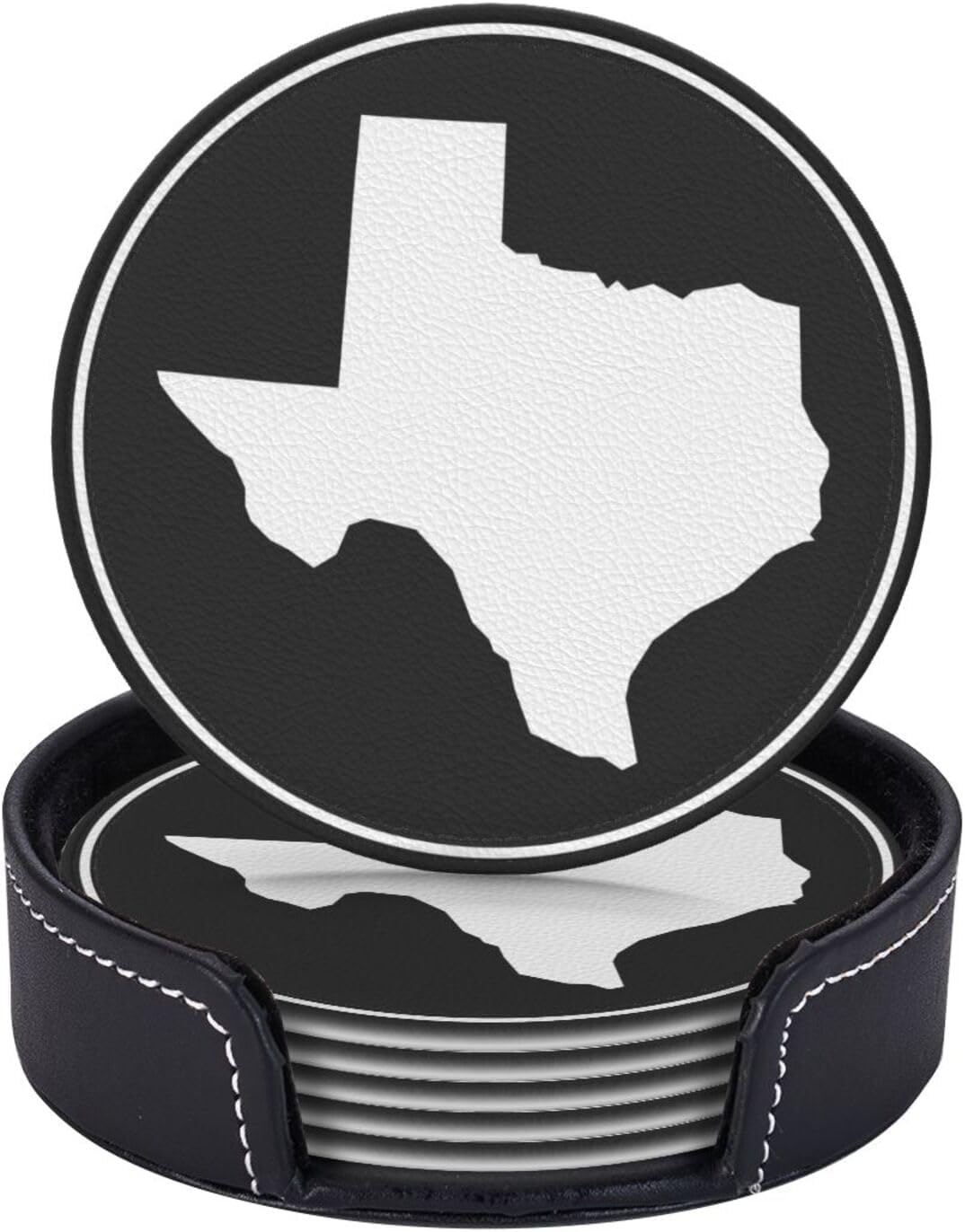 Black and White Texas Flag Leather Drink Coasters Set of 6 with Holder Round Cup Coaster for Table Decor