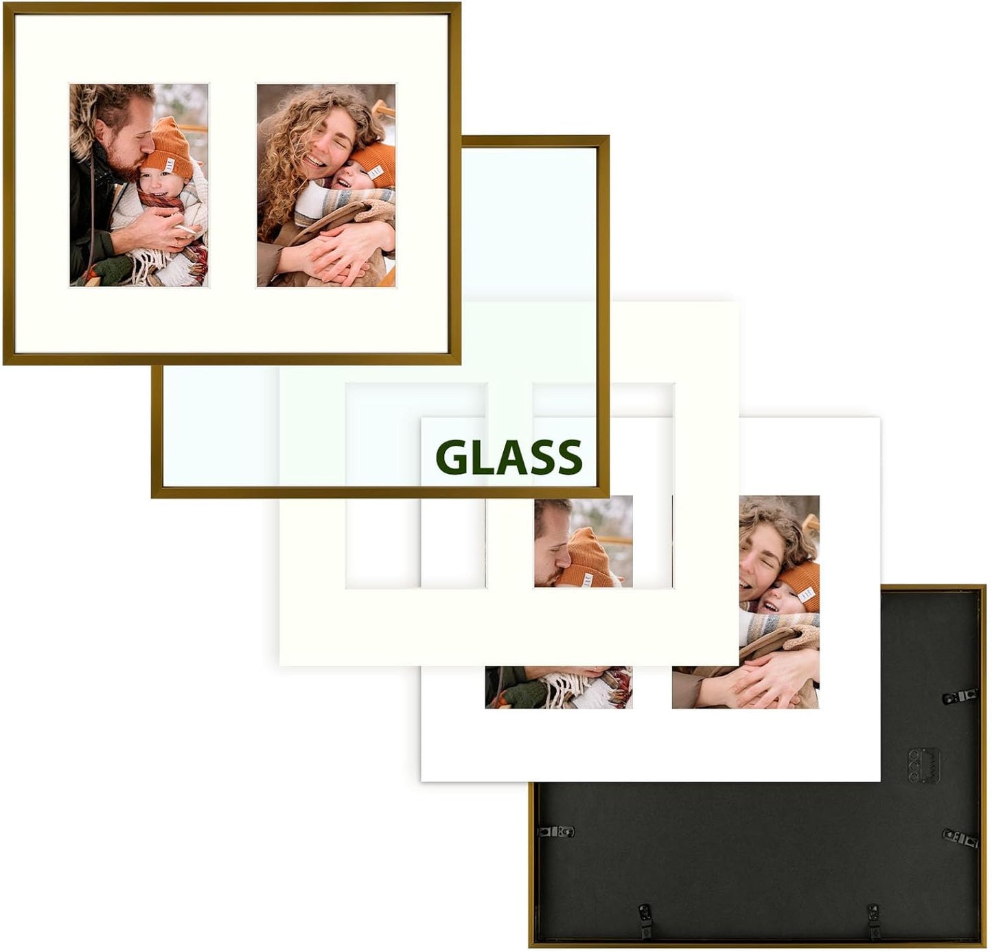 Frametory - 11x14 Aluminum Collage Picture Frame - Display 5x7 Pictures with 2 Openings Mat - Real Glass Front - Horizontal/Vertical Wall Mount - Bronze 1 Pack