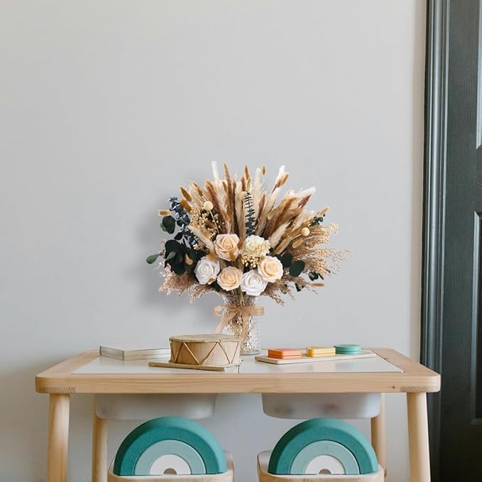 101pcs Natural Dried Pampas Grass Decor with Vase Artificial Flowers in Vase Boho Home Decor Bouquet Bunny Tails Dried Flowers, Reed Grass Bouquet for Wedding Floral Arrangements (101pcs)